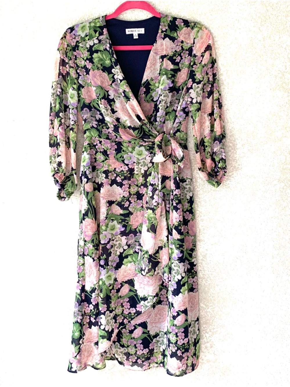 Robbie Bee Women's Size 6 Black Floral Wrap Dress Wedding Guest Evening Party